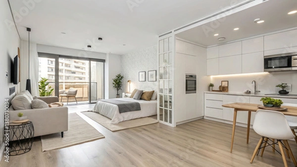 Fototapeta "A modern studio apartment with an open-concept bedroom and living space, featuring sleek white walls, light wood flooring, and Scandinavian-inspired furniture in a neutral color palette."