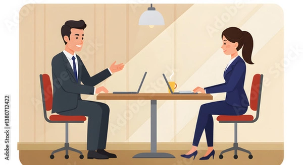 Fototapeta Business Job Interview concept. Vector cartoon illustration of a man in suit asking questions and a woman answering them while sitting at a table