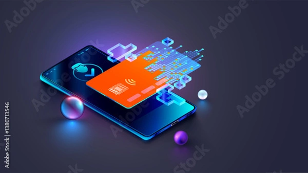 Fototapeta Virtual banking card. Isometric mobile phone, internet banking app, card. Online payment security transaction via credit card. Shopping wireless pay smartphone. Internet digital bank technology.