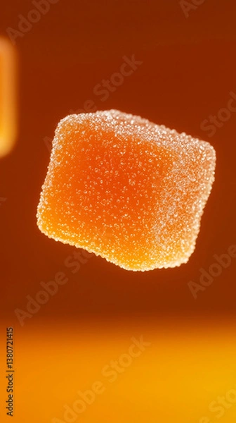 Fototapeta Cute Orange Sour Square Gummies Floating Against Dark Background, Studio Shot