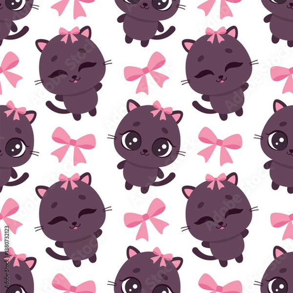 Obraz Cute kawaii kittens with big eyes and pink bows. Vector seamless pattern perfect for children's products and apparel.