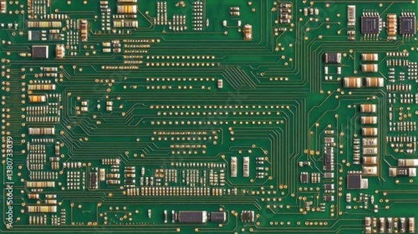 Fototapeta Electronic circuit board close-up with complex microchip connections.