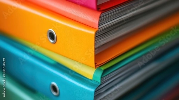 Fototapeta Colorful binders stacked, close-up view.