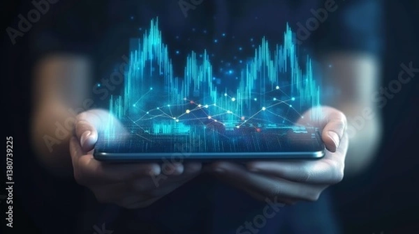 Fototapeta Analyzing market trends on mobile device glowing holographic stock chart data visualization futuristic technology