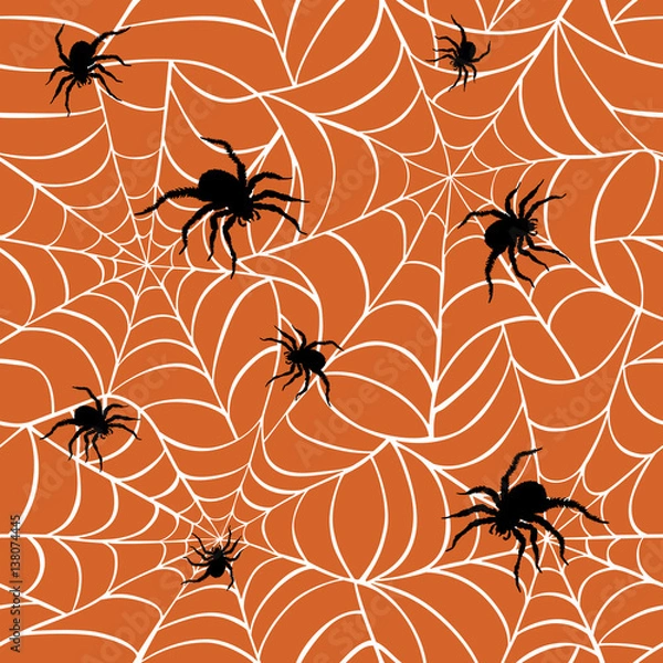 Obraz Spiders on Webs Seamless Pattern-Orange Background