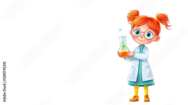 Obraz A budding scientist, little girl in lab coat holds beaker, igniting passion for discovery in the world of chemistry