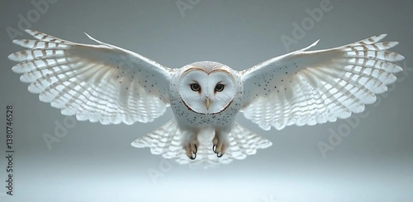 Fototapeta A barn owl in flight, wings outstretched, against a soft gray background.  Its white and brown feathers are beautifully detailed.