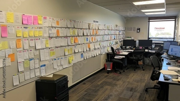 Fototapeta Strategic planning session with a Kanban board displaying project phases and workflow progress.