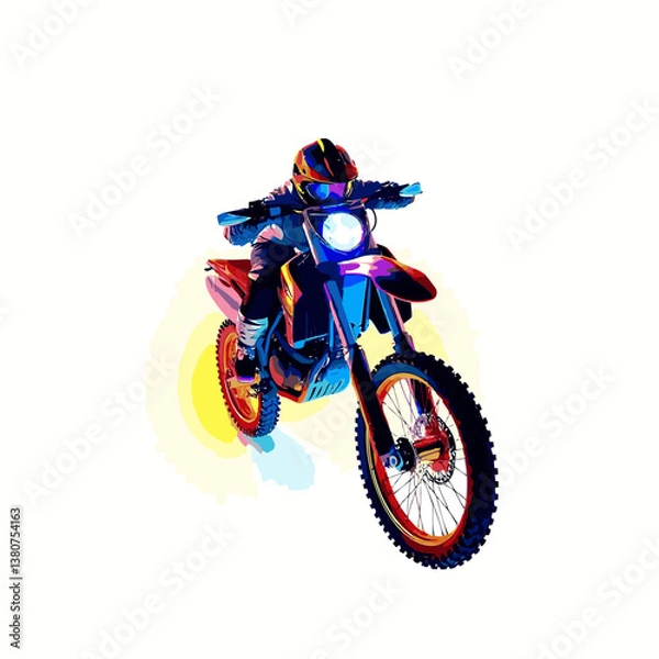 Obraz A bright, vibrant motocross vector art image on a white flat background, utilizing strong hard lig
ht, lively colors, and direct harsh shadows