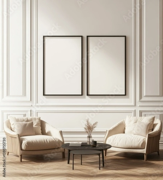 Fototapeta Two beige armchairs, coffee table, and blank frames in a minimalist room.