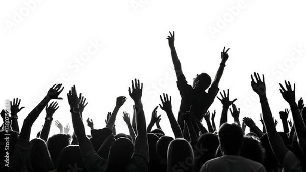 Fototapeta black white excited crowd with raised hands isolated on white background, PNG.