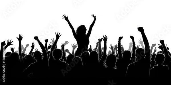 Fototapeta black white excited crowd with raised hands isolated on white background, PNG.