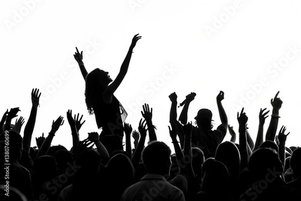Fototapeta black white excited crowd with raised hands isolated on white background, PNG.