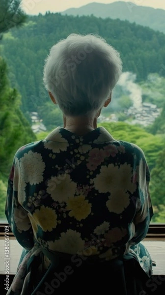 Obraz A Serene Japanese Mountain Onsen: Multi-Level Wooden Structures Nestled Amidst Lush Greenery and Mist-Shrouded Peaks - A Tranquil Retreat
