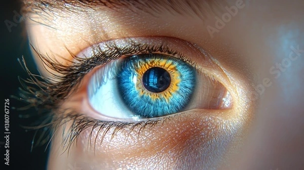 Fototapeta A stunning ultra-macro shot of a bright blue iris with a deep black center, glowing slightly.