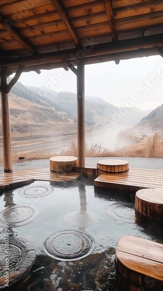 Obraz Serene Japanese Mountain Onsen: Multi-Level Wooden Structure Nestled Amidst Lush Greenery, Showcasing Traditional Architecture and Tranquil Natural Beauty