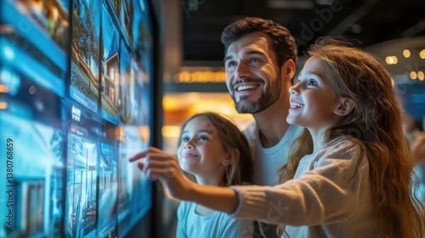 Fototapeta Family Exploring Interactive Digital Display at Modern Technology Exhibit