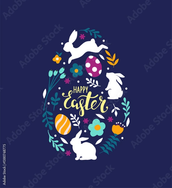 Fototapeta Awesome happy easter card in vector. Funny rabbits and spring flowers with hearts. Stylish holiday background in popular style.Vector illustration.