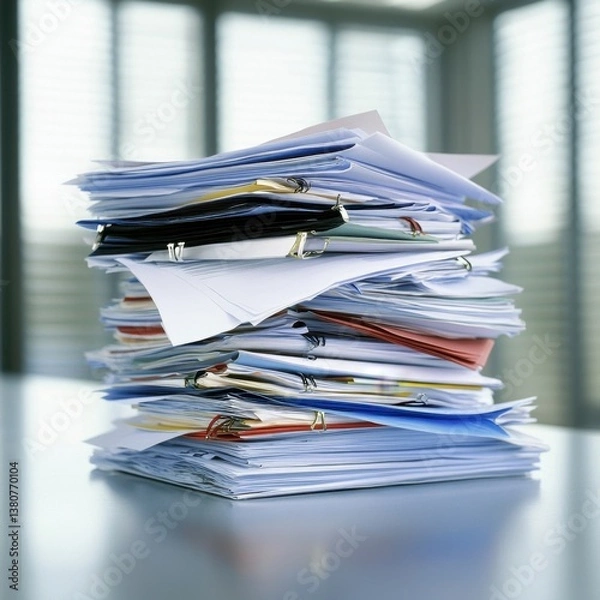Fototapeta High stack of papers and binders on a table, documents, office work, paperwork.
