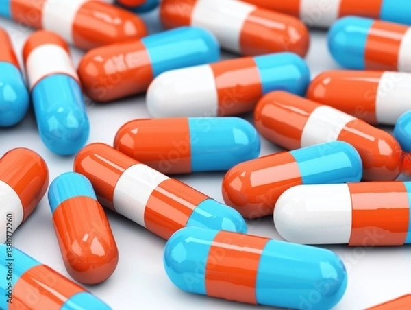 Fototapeta Colorful Capsules on a White Background in a Medical Context