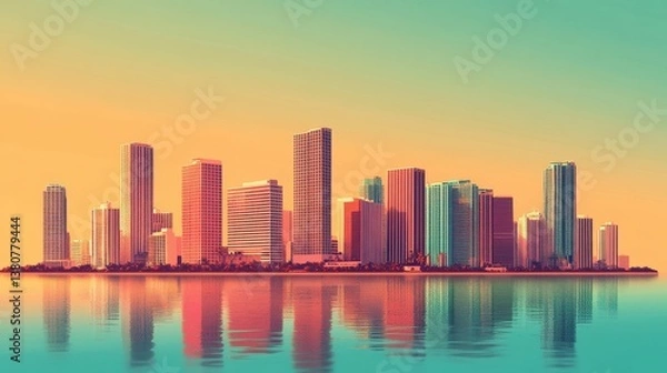 Obraz Minimalist rendering of Miami skyline with bold colors and clean lines
