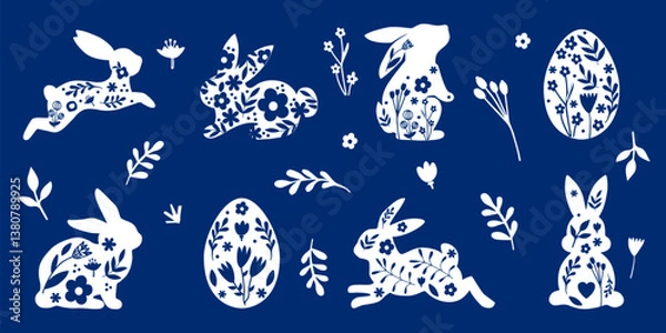 Obraz Happy Easter, decorated Easter card, banner. Bunnies, Easter eggs, flowers and a basket. Patterned design in folk style. Vector illustration.