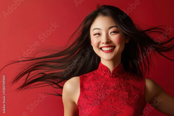 Fototapeta Studio portrait of beautiful smiling CHINESE woman in RED dress on RED solid background