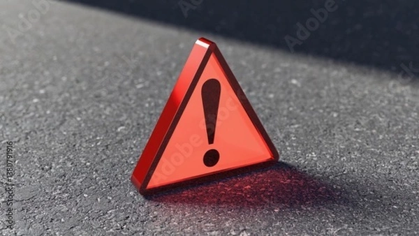 Fototapeta A red triangular warning sign sits on top of a table, alerting to potential danger