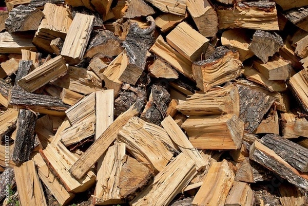 Fototapeta A textured shot of a pile of firewood, perfect for a background or texture. The warm tones of the wood and the varying sizes of the logs create an interesting visual effect. Great for nature, winter, 