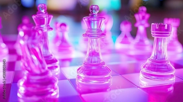 Obraz Competitive chess in a modern arena close-up of glass pieces under bright lights