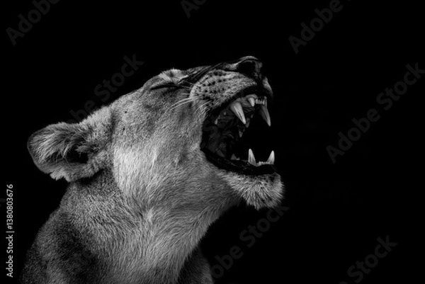 Fototapeta A powerful black and white profile of a roaring lioness captured against a dark background.