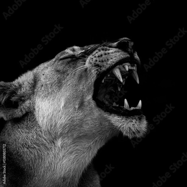 Fototapeta A powerful black and white profile of a roaring lioness captured against a dark background.