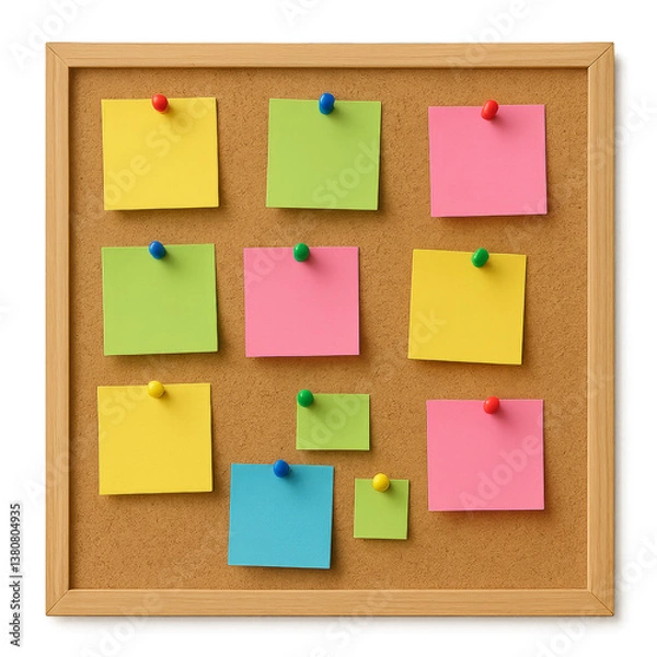 Obraz A bulletin board with colorful sticky notes on it. The notes are arranged in a grid pattern and are of various sizes and colors. Isolated on transparent background