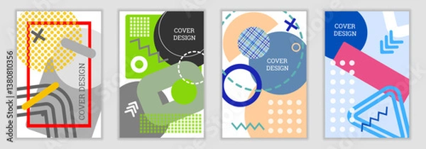 Obraz Bright background in Memphis style. Set of geometric cover designs. Fashionable bright cover, banner, poster, booklet. Bright colors. Vector