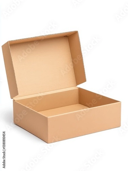 Fototapeta Empty light brown cardboard box open on white background. Simple packaging, product display.