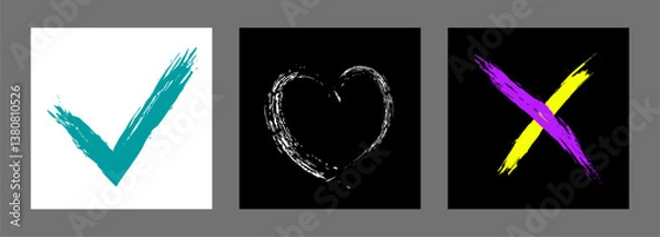 Obraz The cross, heart and OK symbol are hand-drawn with a brush. Prohibition, denial, error. Love. Approval, consent. Vector, set of 3 characters