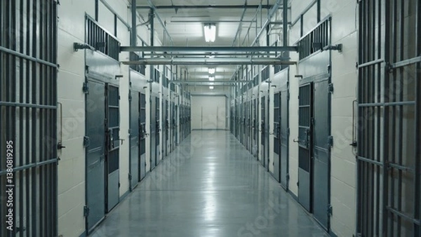 Fototapeta A long hallway in a prison cell block with multiple cells and bars
