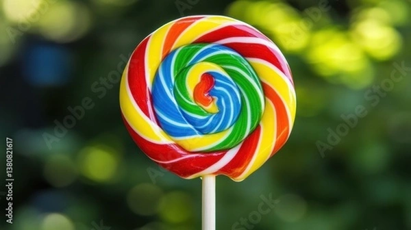 Obraz Colorful Swirl Lollipop with Bright Colors on a Stick Outdoors
