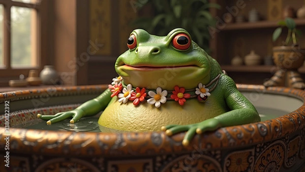 Fototapeta Cartoon frog with flower necklace relaxing in vintage bathtub