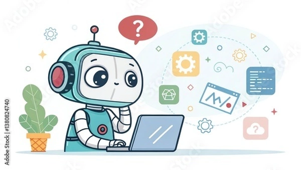 Fototapeta Cute robot thinking with digital icons, looking at a transparent code screen.