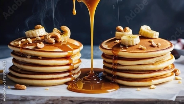 Obraz Fresh pancakes topped with sliced bananas, chopped nuts, and sweet syrup