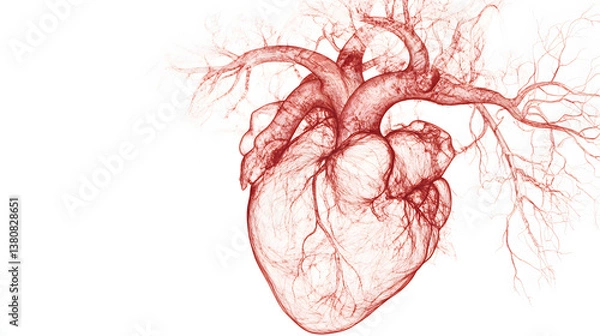 Fototapeta A stunning red illustration of a human heart, showcasing its intricate vascular structure on a white background.