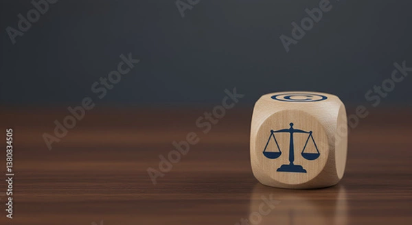 Obraz Wooden cube with legal and justice symbols, including scales of justice and contract signing, representing law, fairness, and decision-making concepts.