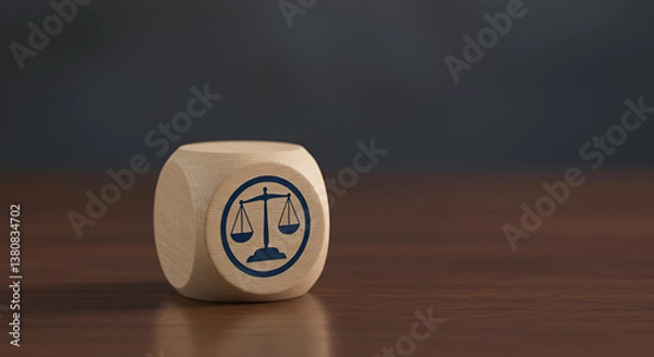 Obraz Wooden cube with legal and justice symbols, including scales of justice and contract signing, representing law, fairness, and decision-making concepts.