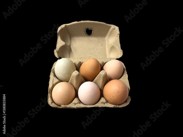 Fototapeta Six multicolored eggs in a cardboard carton with the lid open against a black background.