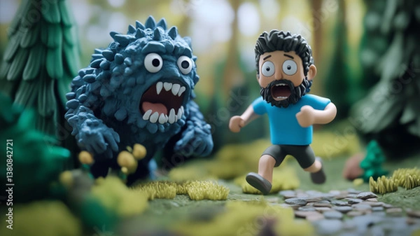 Fototapeta Cartoon man running from blue monster in stylized forest