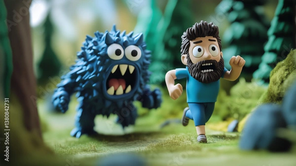 Fototapeta Cartoon man running from blue monster in stylized forest
