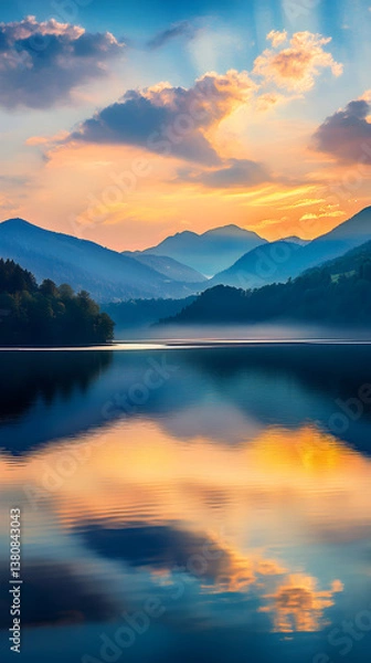 Fototapeta Unfolding Tranquility: A Serene Mountainous Landscape Under a Vibrant Twilight Sky
