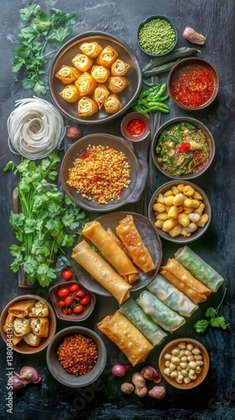 Fototapeta Delicious Assortment of Spring Rolls and Vegetables Served on a Black Platter for an Inviting Meal