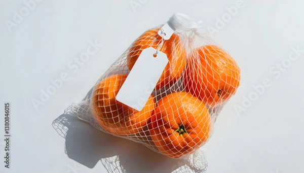 Obraz Oranges in Mesh Bag with Blank Tag on White Background